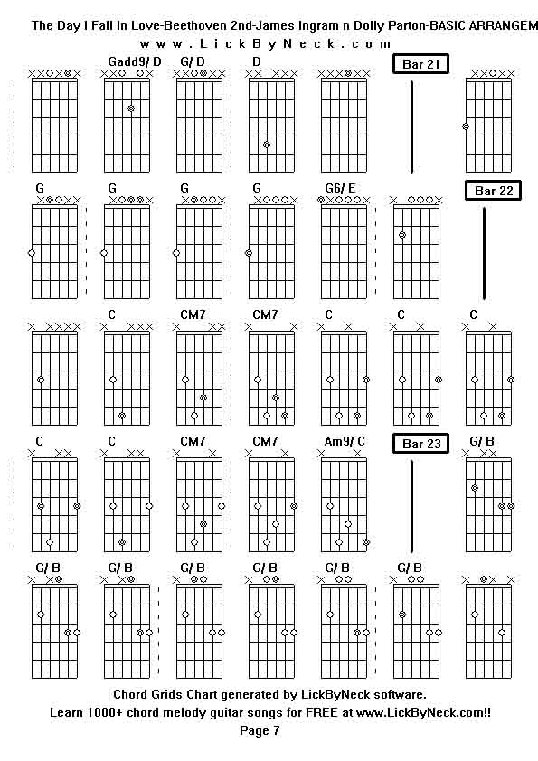 Chord Grids Chart of chord melody fingerstyle guitar song-The Day I Fall In Love-Beethoven 2nd-James Ingram n Dolly Parton-BASIC ARRANGEMENT,generated by LickByNeck software.